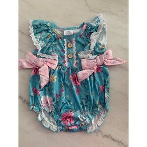 Baby Floral Ruffle Romper With Lace Trim & Pink Bow Detail 3-6M Polyester & Span